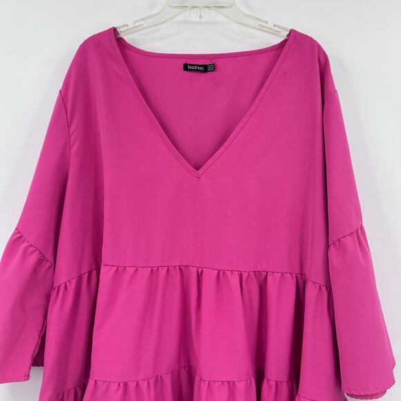 Boohoo Fuchsia Pink Tiered Babydoll Tiered Ruffled V Neck Dress Womens Size 20 - Picture 4 of 10